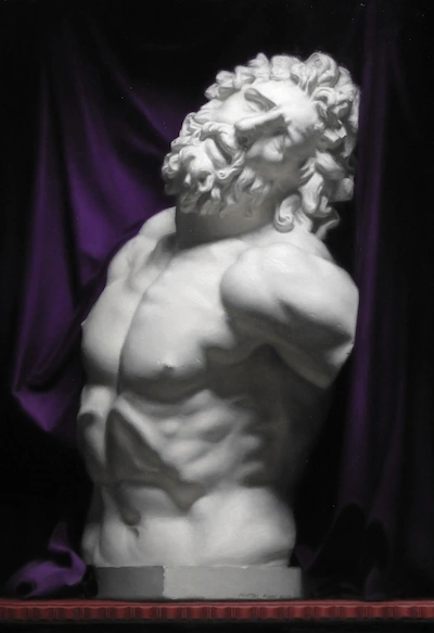 Angel Academy of Art Laoccon academic oil painting, greek sculpture, classical, white on purple background